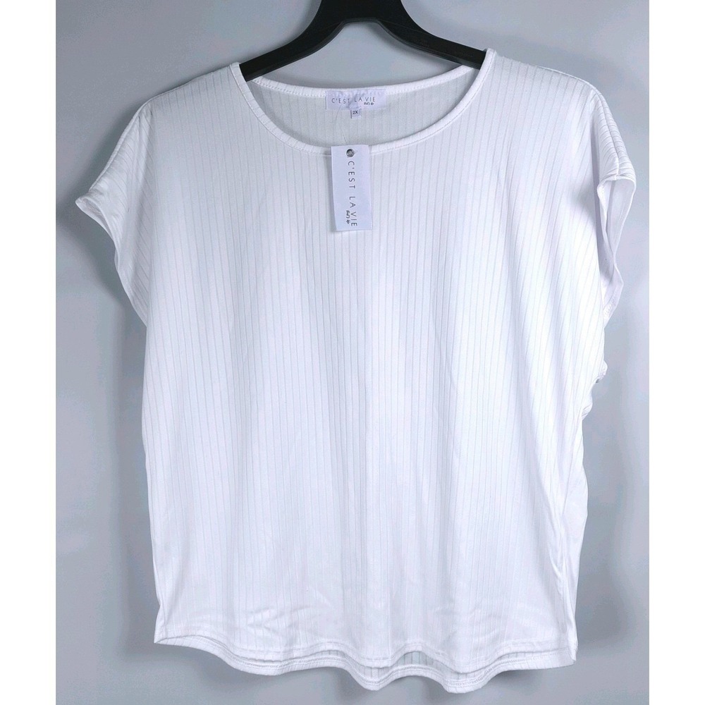 C'est La Vie Bssic Top Womens 2XL White Striped Texture Crew Neck Tee